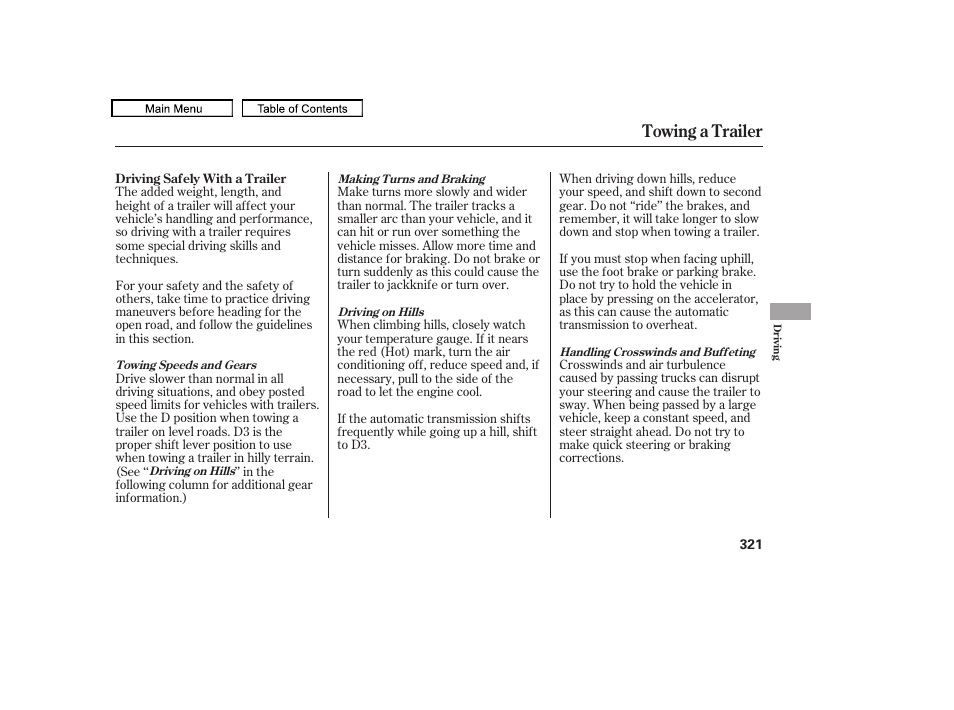 Towing a trailer | HONDA 2010 Accord Crosstour - Owner's Manual User Manual | Page 324 / 434