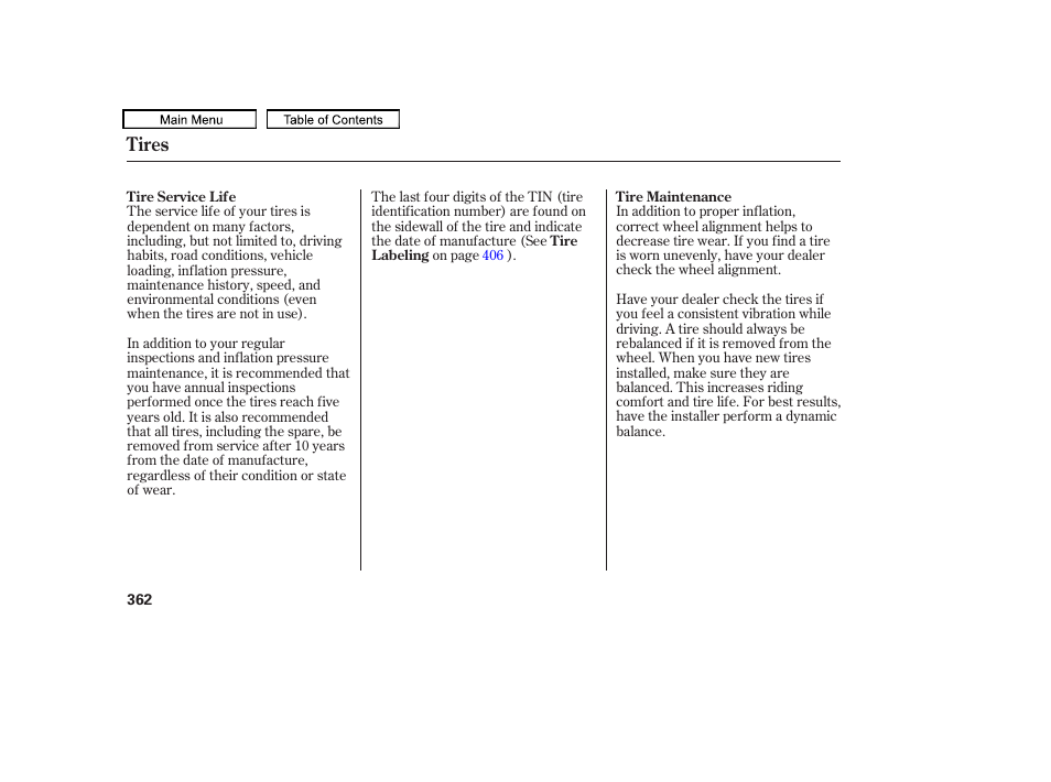 Tires | HONDA 2010 Accord Crosstour - Owner's Manual User Manual | Page 365 / 434