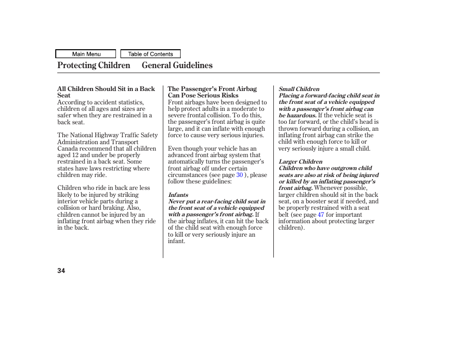 Protecting children general guidelines | HONDA 2010 Accord Crosstour - Owner's Manual User Manual | Page 37 / 434