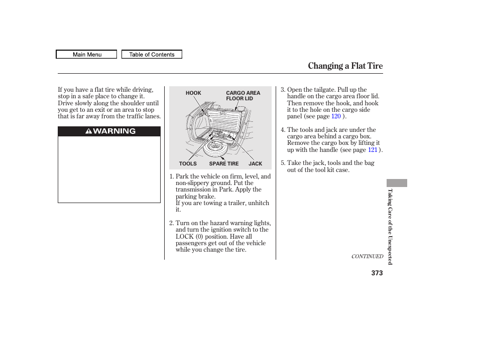 Changing a flat tire, 2010 accord crosstour | HONDA 2010 Accord Crosstour - Owner's Manual User Manual | Page 376 / 434