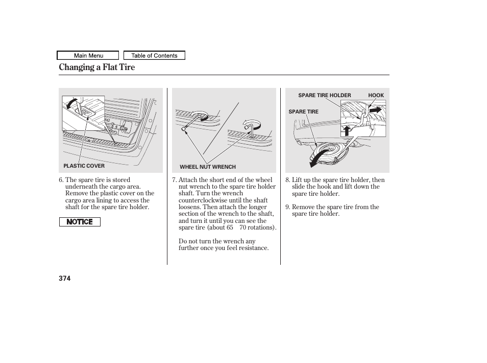 Changing a flat tire | HONDA 2010 Accord Crosstour - Owner's Manual User Manual | Page 377 / 434