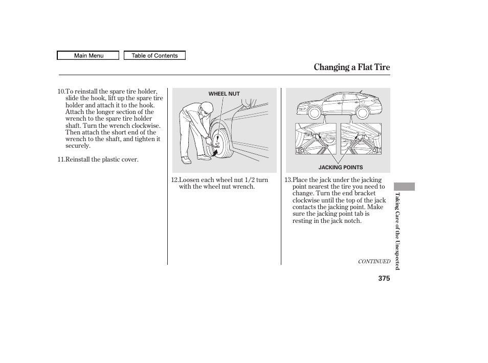 Changing a flat tire, 2010 accord crosstour | HONDA 2010 Accord Crosstour - Owner's Manual User Manual | Page 378 / 434