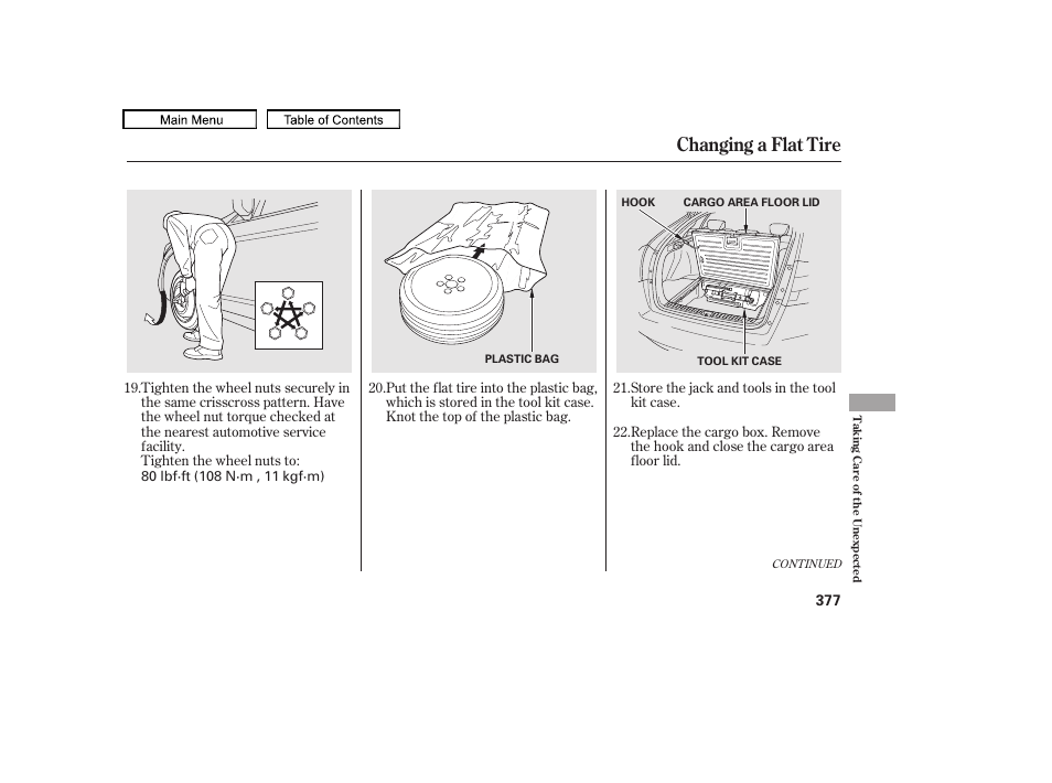 Changing a flat tire, 2010 accord crosstour | HONDA 2010 Accord Crosstour - Owner's Manual User Manual | Page 380 / 434