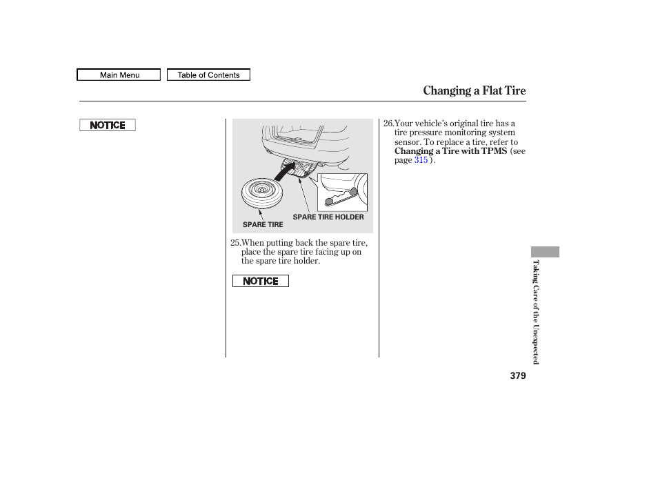 Changing a flat tire, 2010 accord crosstour | HONDA 2010 Accord Crosstour - Owner's Manual User Manual | Page 382 / 434