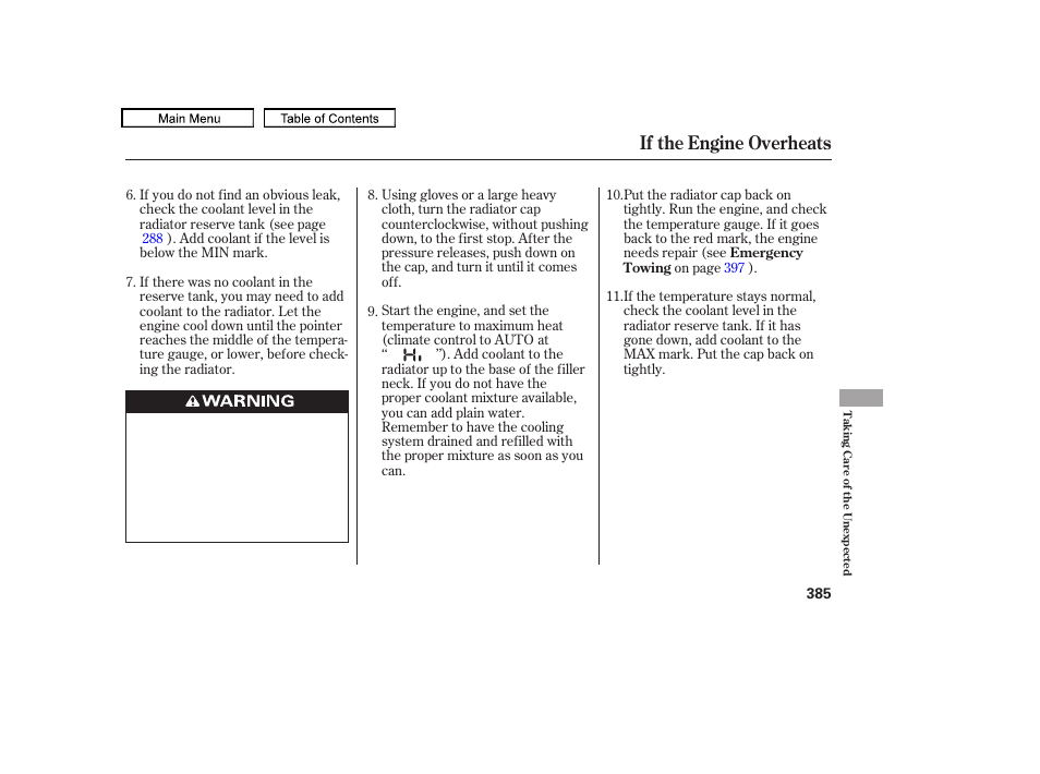 If the engine overheats, 2010 accord crosstour | HONDA 2010 Accord Crosstour - Owner's Manual User Manual | Page 388 / 434