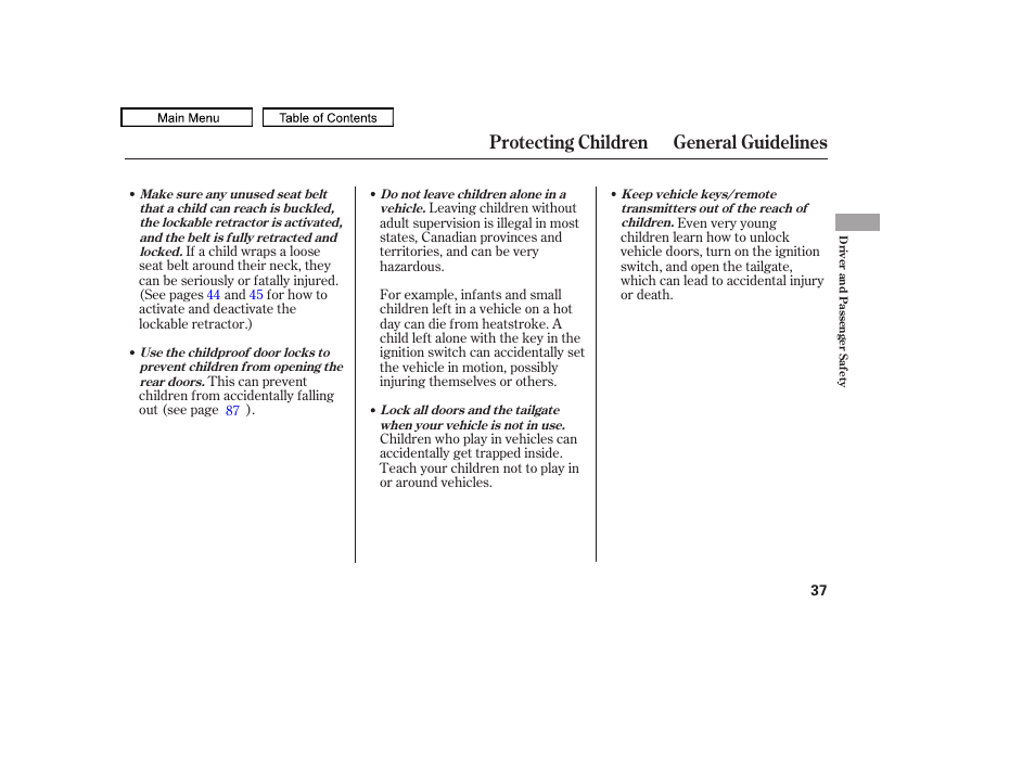 Protecting children general guidelines | HONDA 2010 Accord Crosstour - Owner's Manual User Manual | Page 40 / 434