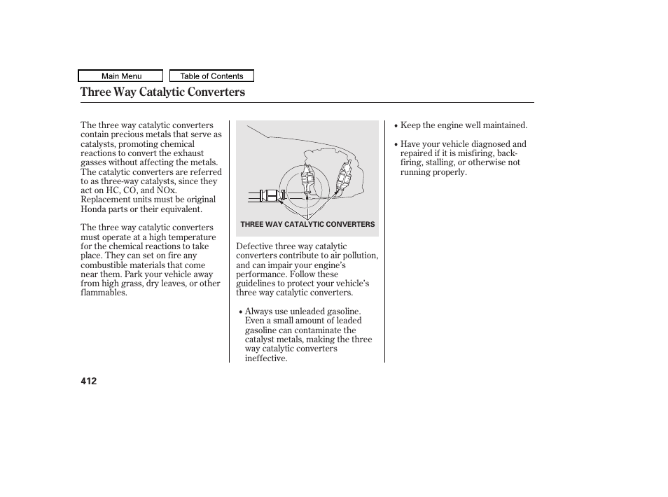 Three way catalytic converters | HONDA 2010 Accord Crosstour - Owner's Manual User Manual | Page 415 / 434