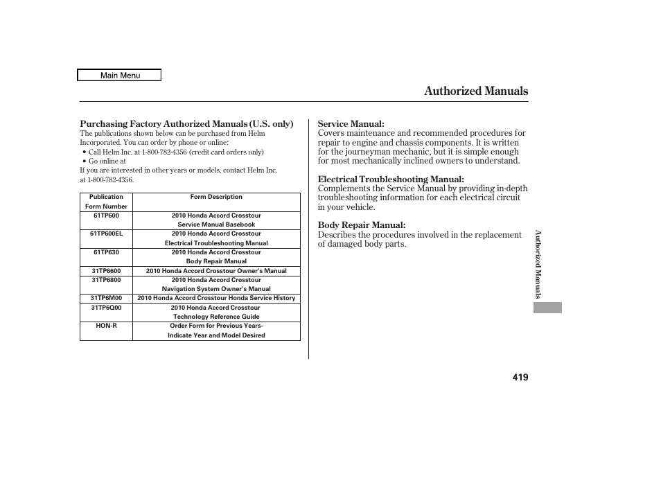 Authorized manuals, 2010 accord crosstour | HONDA 2010 Accord Crosstour - Owner's Manual User Manual | Page 422 / 434