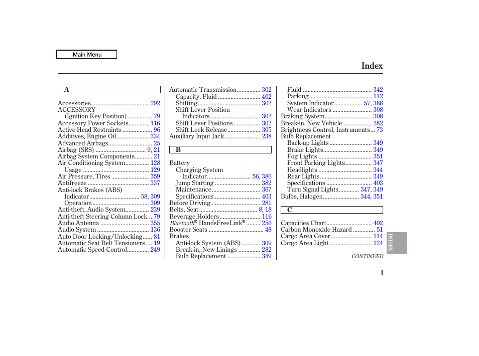 Index | HONDA 2010 Accord Crosstour - Owner's Manual User Manual | Page 423 / 434
