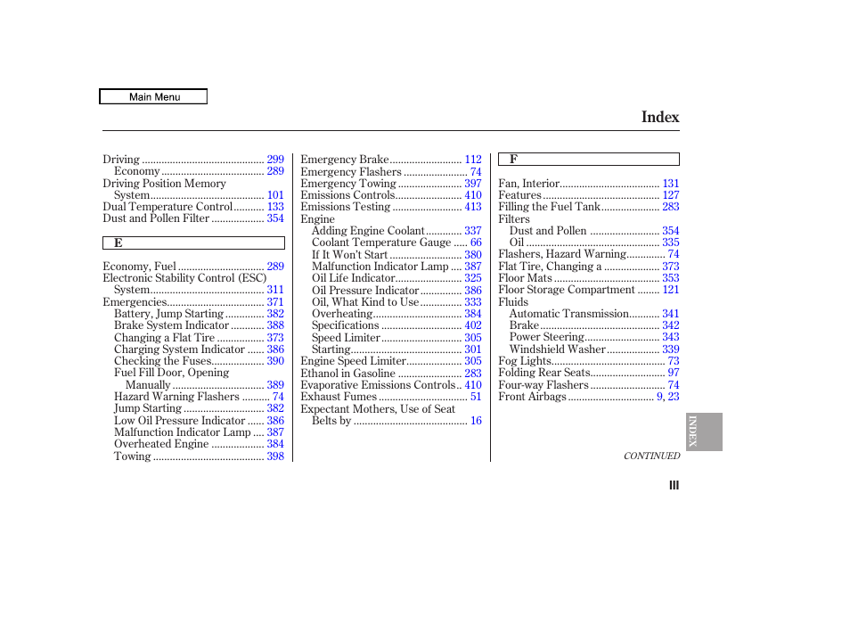 Index | HONDA 2010 Accord Crosstour - Owner's Manual User Manual | Page 425 / 434