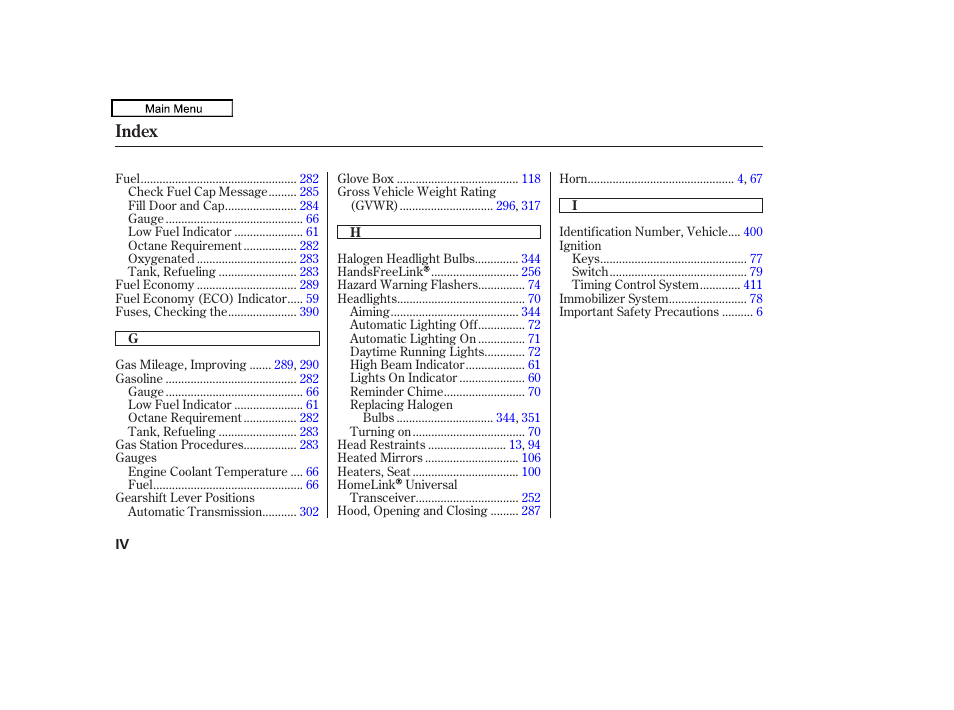 Index | HONDA 2010 Accord Crosstour - Owner's Manual User Manual | Page 426 / 434