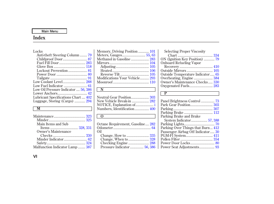 Index | HONDA 2010 Accord Crosstour - Owner's Manual User Manual | Page 428 / 434