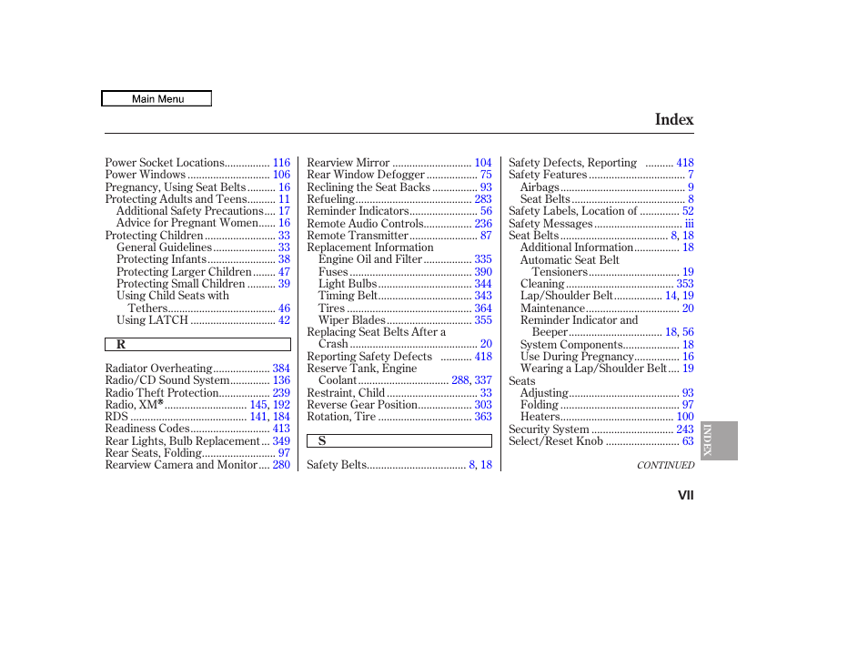 Index | HONDA 2010 Accord Crosstour - Owner's Manual User Manual | Page 429 / 434