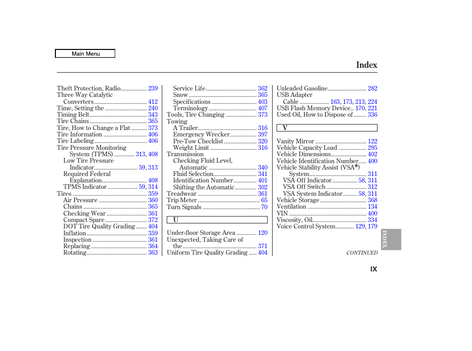 Index | HONDA 2010 Accord Crosstour - Owner's Manual User Manual | Page 431 / 434
