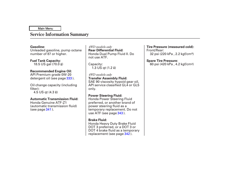 Service inf ormation summary, Service information summary | HONDA 2010 Accord Crosstour - Owner's Manual User Manual | Page 433 / 434