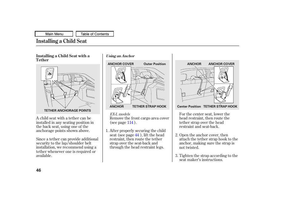 Installing a child seat | HONDA 2010 Accord Crosstour - Owner's Manual User Manual | Page 49 / 434