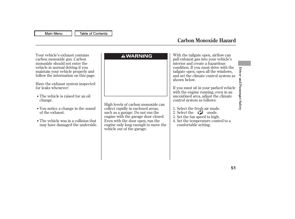 Carbon monoxide hazard | HONDA 2010 Accord Crosstour - Owner's Manual User Manual | Page 54 / 434