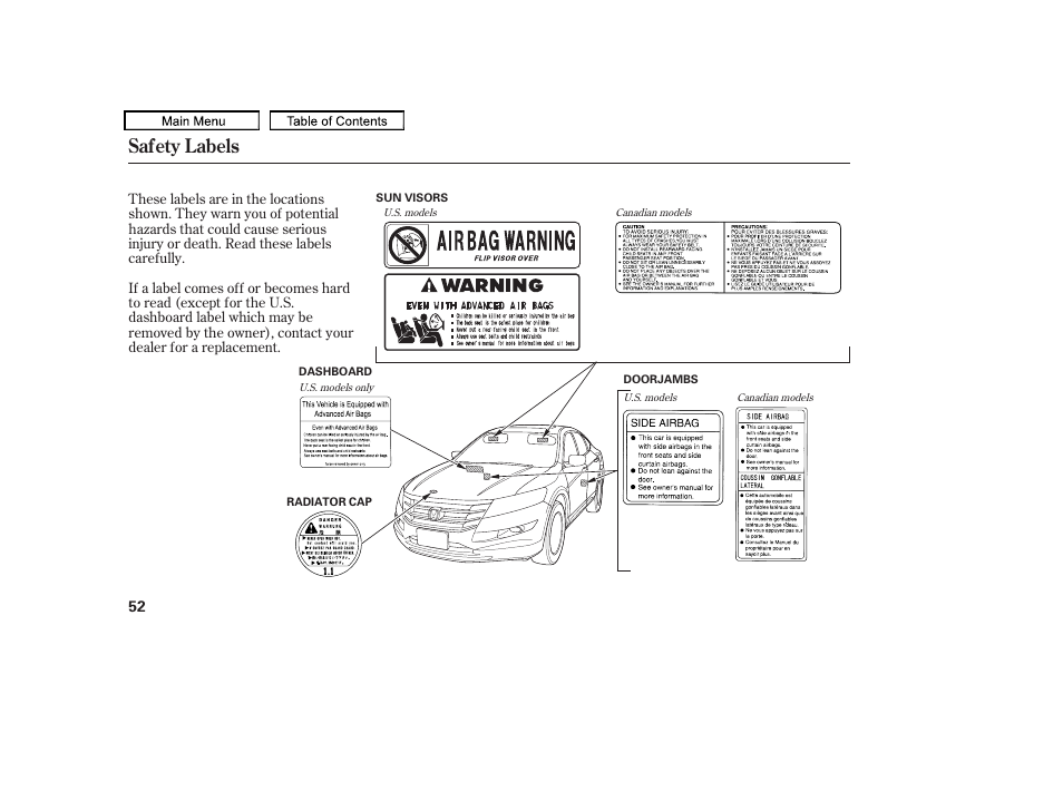Safety labels, 2010 accord crosstour | HONDA 2010 Accord Crosstour - Owner's Manual User Manual | Page 55 / 434