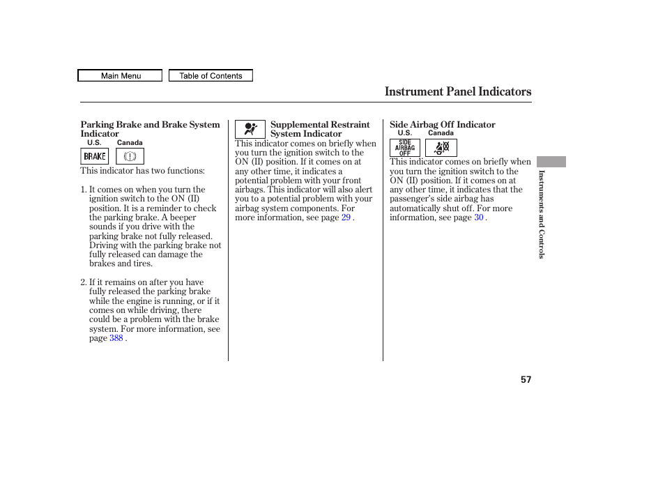 Instrument panel indicators, 2010 accord crosstour | HONDA 2010 Accord Crosstour - Owner's Manual User Manual | Page 60 / 434