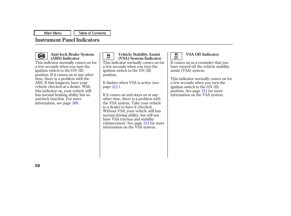 Instrument panel indicators | HONDA 2010 Accord Crosstour - Owner's Manual User Manual | Page 61 / 434