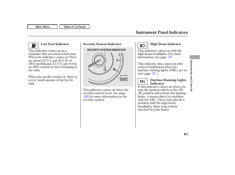 Instrument panel indicators, 2010 accord crosstour | HONDA 2010 Accord Crosstour - Owner's Manual User Manual | Page 64 / 434