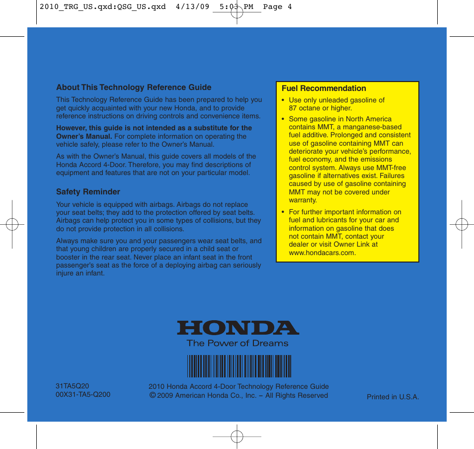 HONDA 2010 Accord Sedan - Technology Reference Guide User Manual | Page 15 / 16