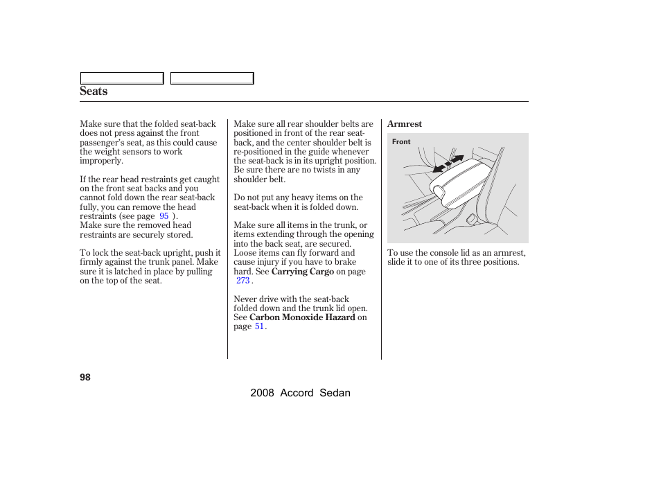 Seats | HONDA 2008 Accord Sedan - Owner's Manual User Manual | Page 101 / 420