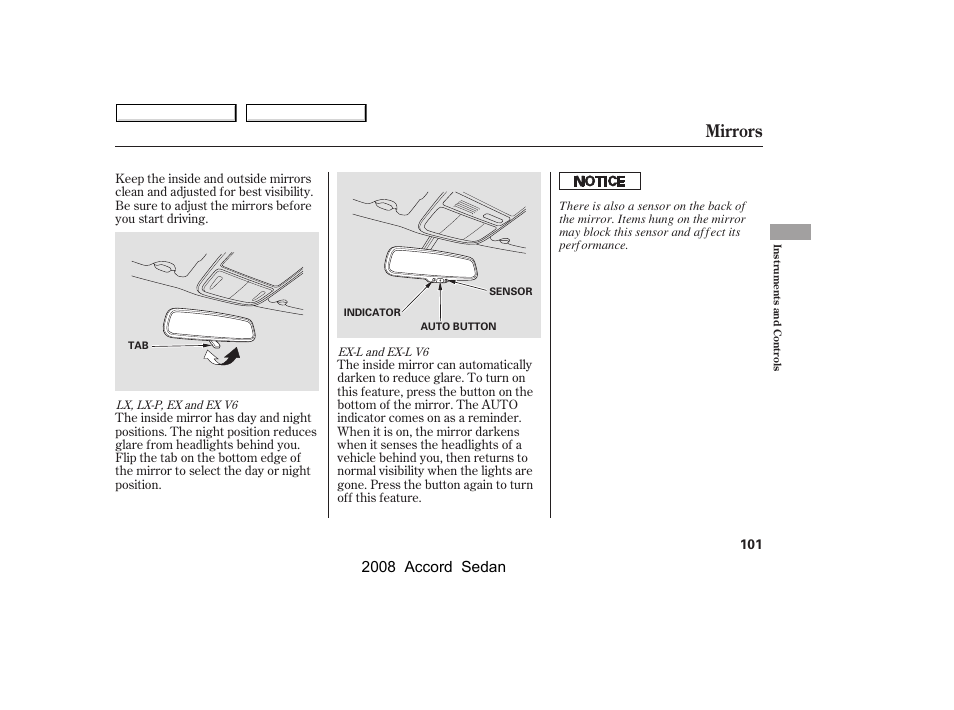 Mirrors, 2008 accord sedan | HONDA 2008 Accord Sedan - Owner's Manual User Manual | Page 104 / 420