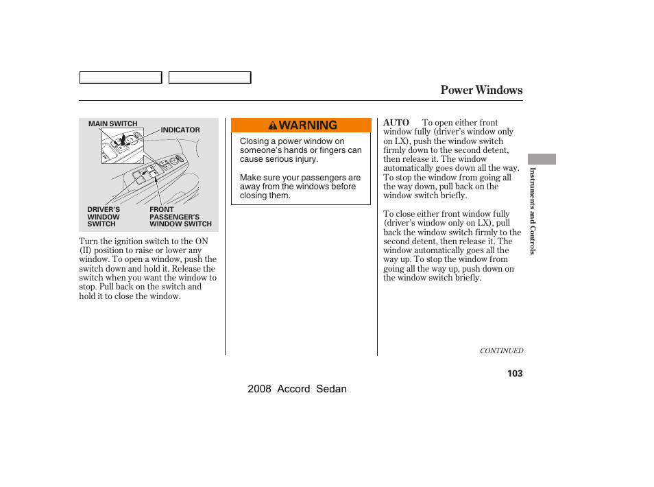 Power windows, 2008 accord sedan | HONDA 2008 Accord Sedan - Owner's Manual User Manual | Page 106 / 420