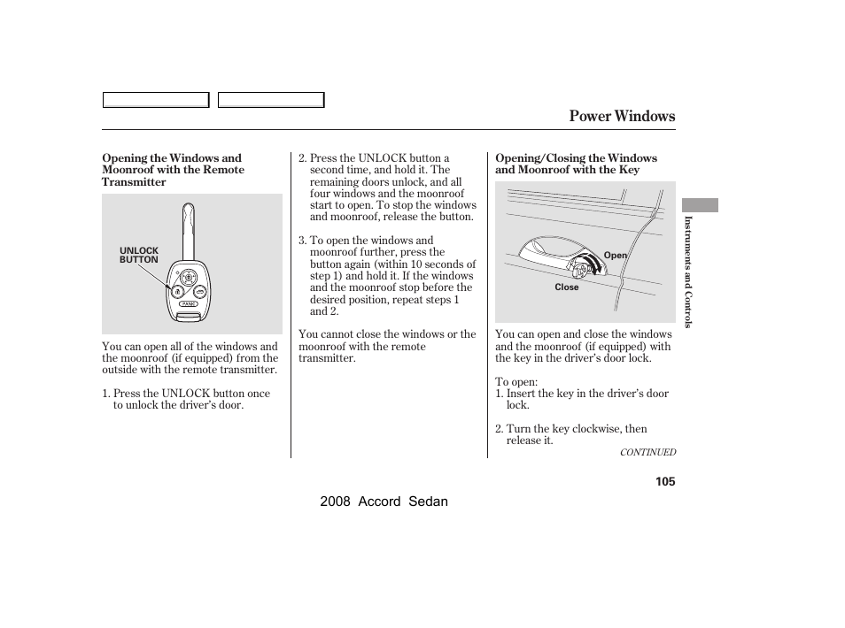 Power windows, 2008 accord sedan | HONDA 2008 Accord Sedan - Owner's Manual User Manual | Page 108 / 420