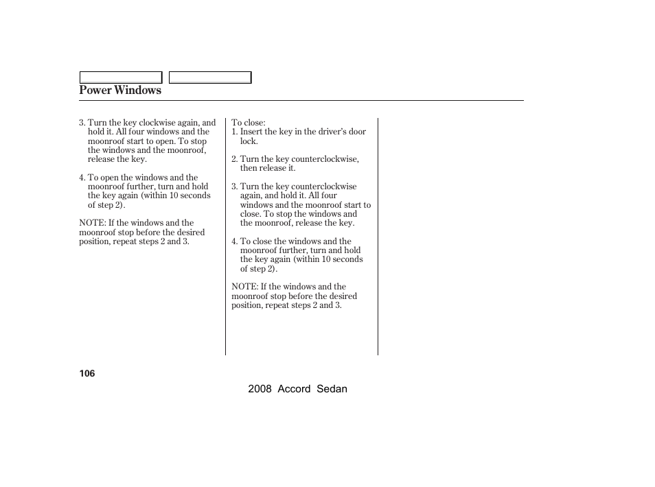 Power windows | HONDA 2008 Accord Sedan - Owner's Manual User Manual | Page 109 / 420