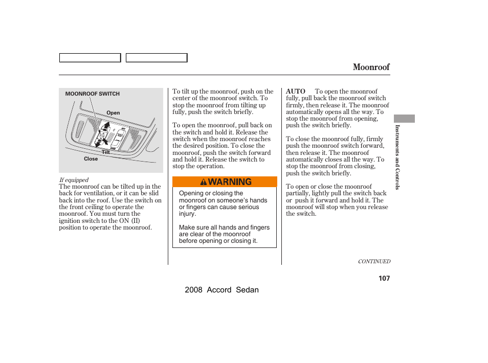 Moonroof, 2008 accord sedan | HONDA 2008 Accord Sedan - Owner's Manual User Manual | Page 110 / 420