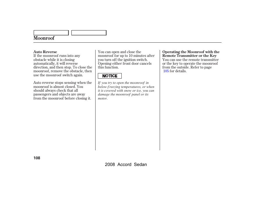 Moonroof | HONDA 2008 Accord Sedan - Owner's Manual User Manual | Page 111 / 420