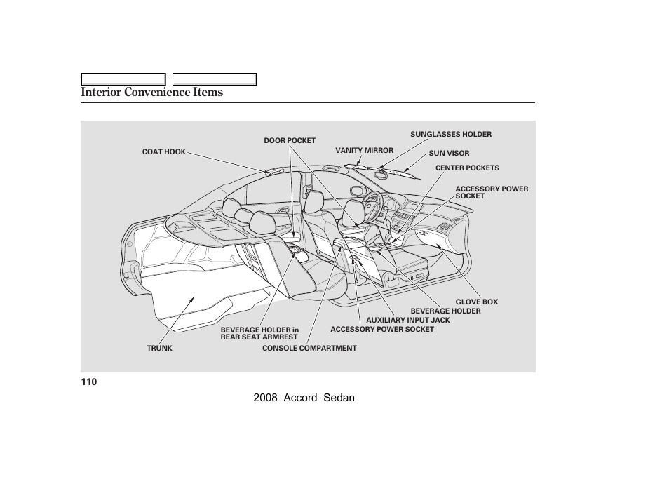 Interior convenience items, 2008 accord sedan | HONDA 2008 Accord Sedan - Owner's Manual User Manual | Page 113 / 420