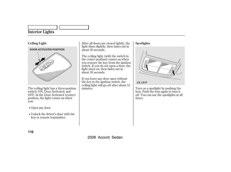 Interior lights | HONDA 2008 Accord Sedan - Owner's Manual User Manual | Page 119 / 420