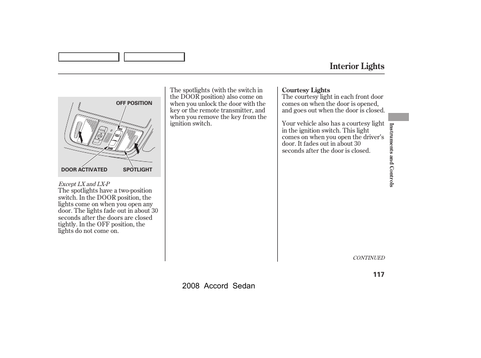 Interior lights, 2008 accord sedan | HONDA 2008 Accord Sedan - Owner's Manual User Manual | Page 120 / 420