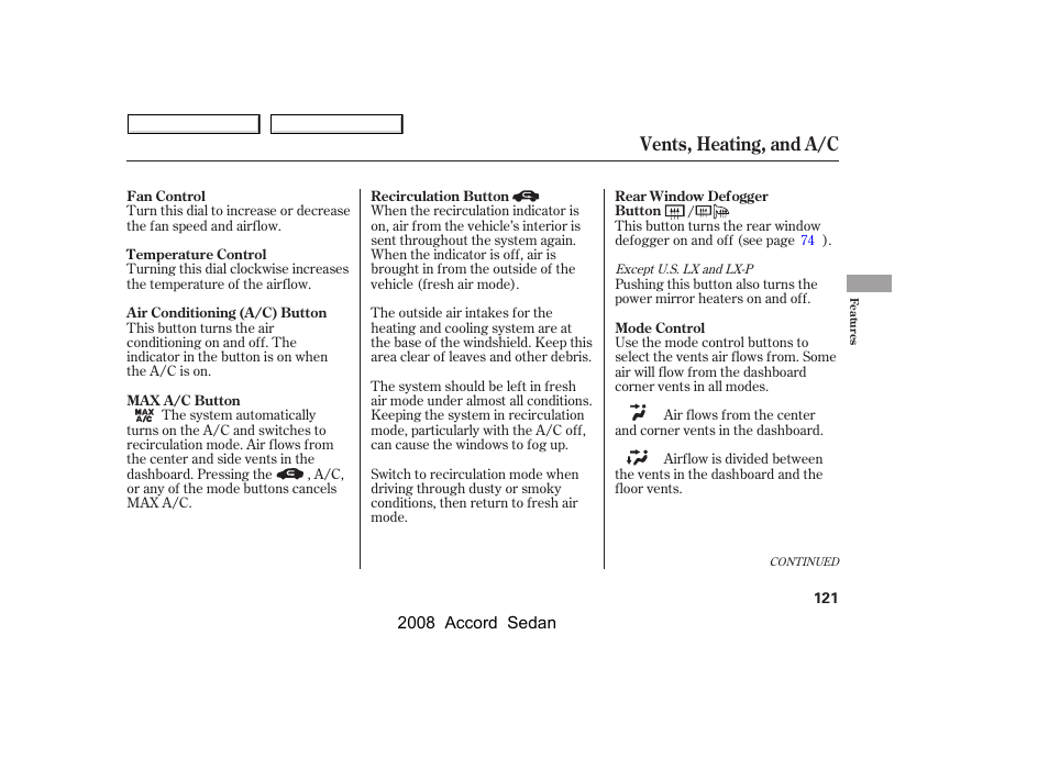 Vents, heating, and a/c | HONDA 2008 Accord Sedan - Owner's Manual User Manual | Page 124 / 420