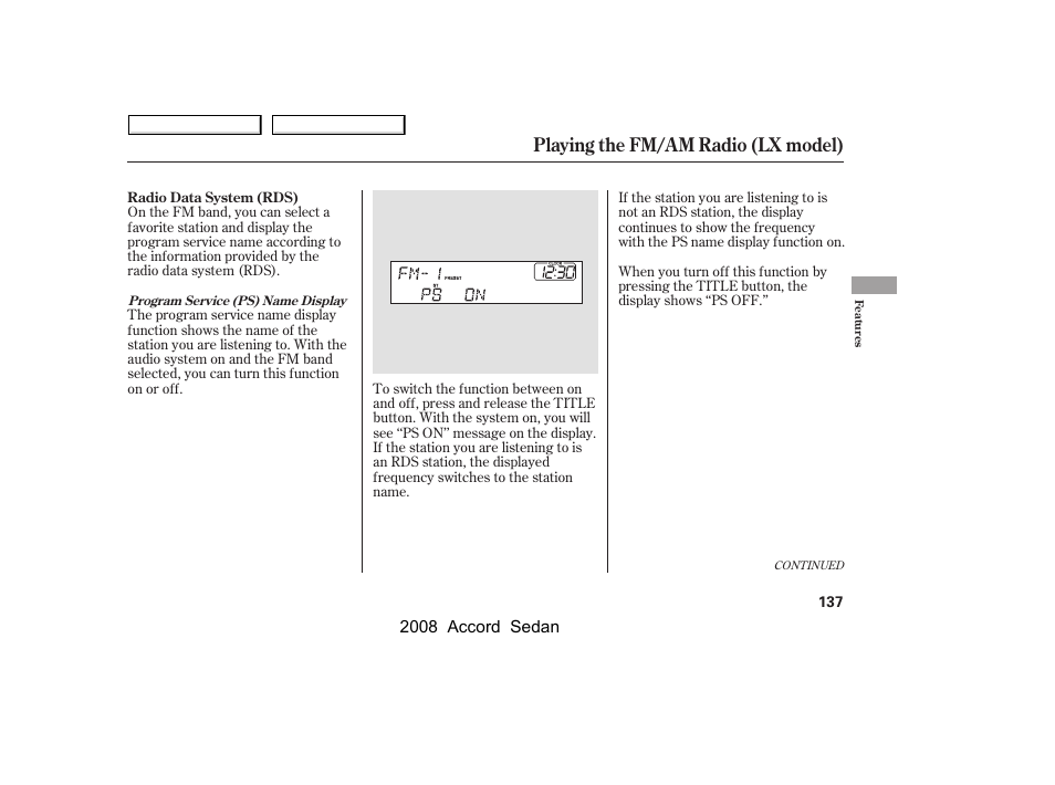 Playing the fm/am radio (lx model) | HONDA 2008 Accord Sedan - Owner's Manual User Manual | Page 140 / 420