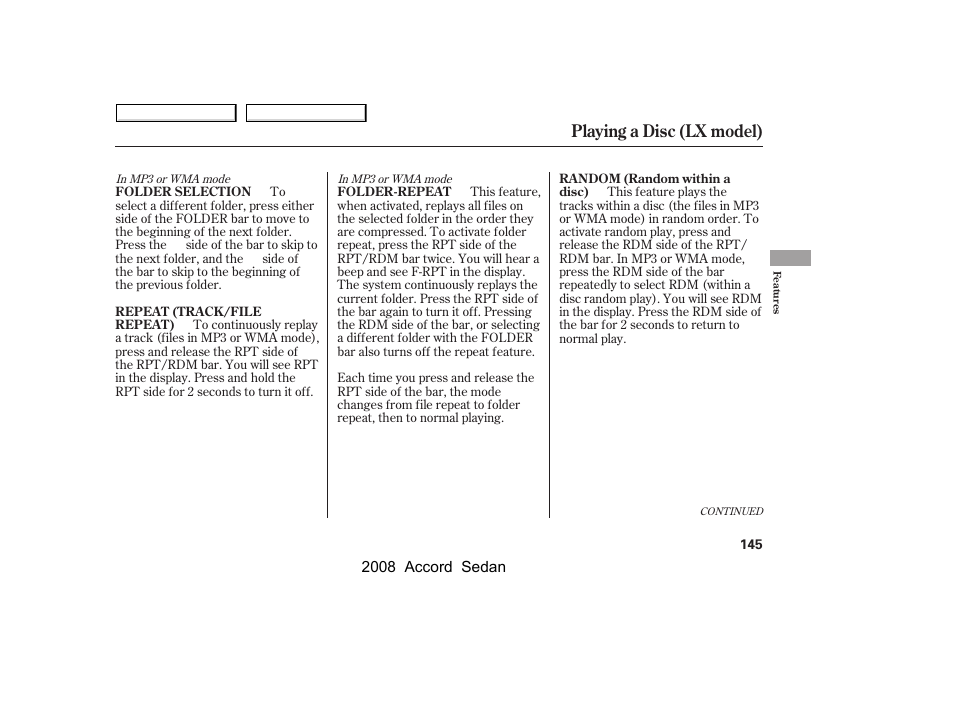 Playing a disc (lx model) | HONDA 2008 Accord Sedan - Owner's Manual User Manual | Page 148 / 420