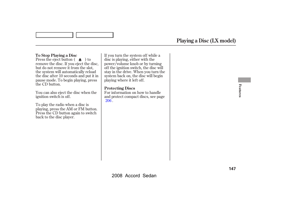 Playing a disc (lx model) | HONDA 2008 Accord Sedan - Owner's Manual User Manual | Page 150 / 420