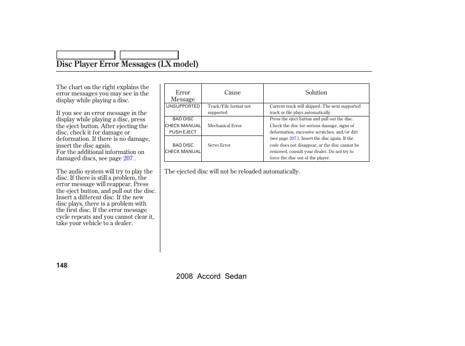 Disc player error messages (lx model), 2008 accord sedan | HONDA 2008 Accord Sedan - Owner's Manual User Manual | Page 151 / 420