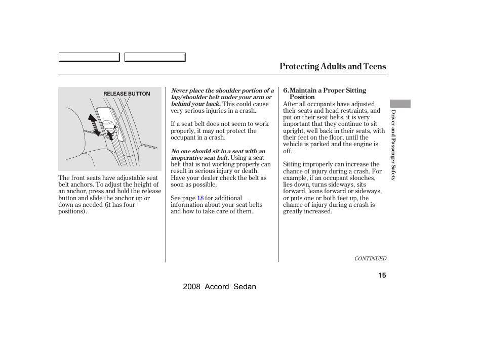 Protecting adults and teens, 2008 accord sedan | HONDA 2008 Accord Sedan - Owner's Manual User Manual | Page 18 / 420