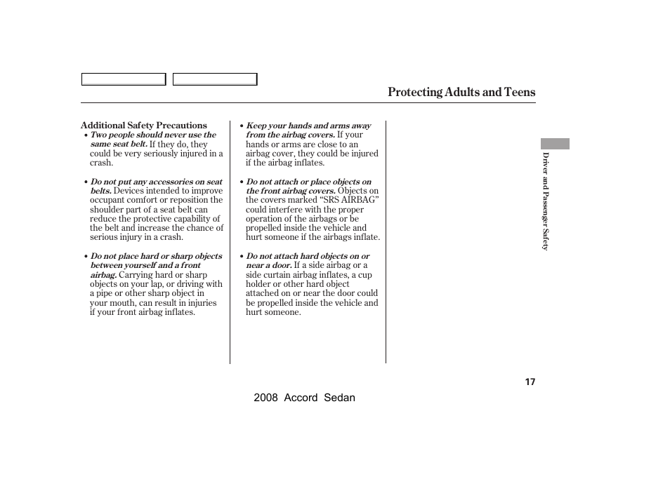 Protecting adults and teens, 2008 accord sedan | HONDA 2008 Accord Sedan - Owner's Manual User Manual | Page 20 / 420