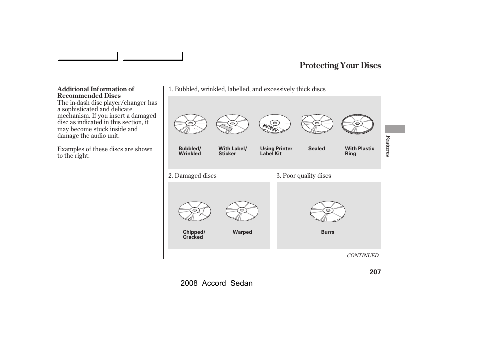 Protecting your discs, 2008 accord sedan | HONDA 2008 Accord Sedan - Owner's Manual User Manual | Page 210 / 420