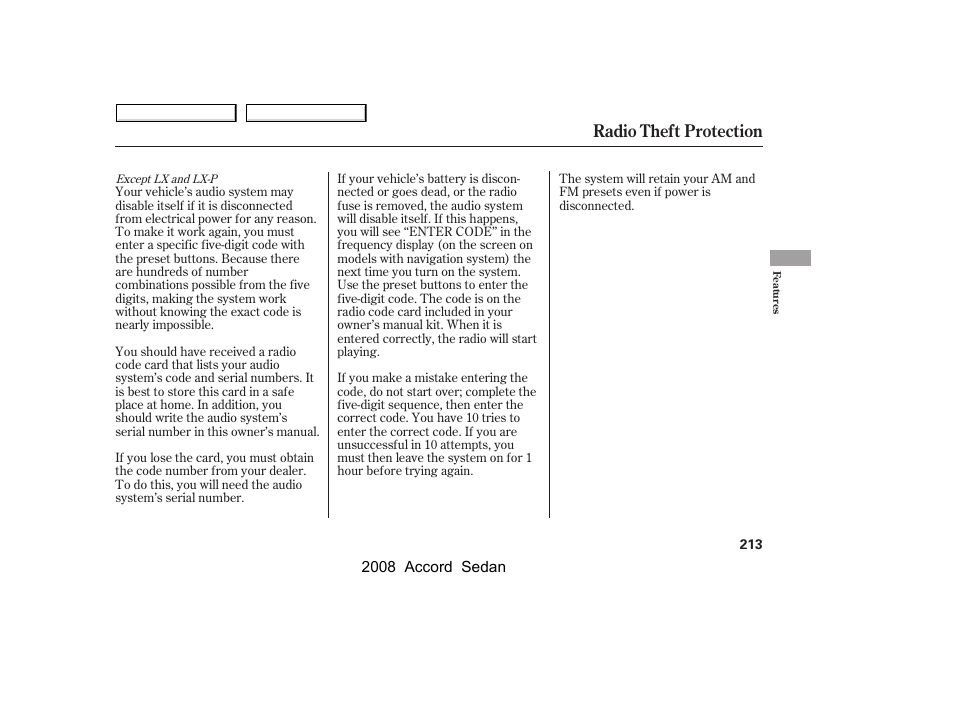 Radio theft protection | HONDA 2008 Accord Sedan - Owner's Manual User Manual | Page 216 / 420