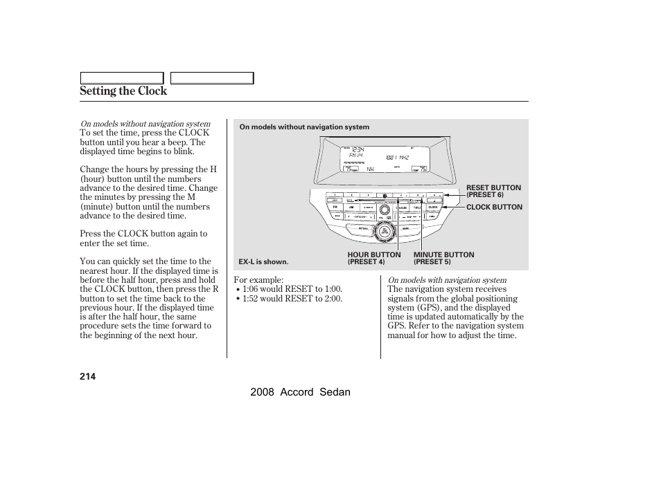 Setting the clock | HONDA 2008 Accord Sedan - Owner's Manual User Manual | Page 217 / 420