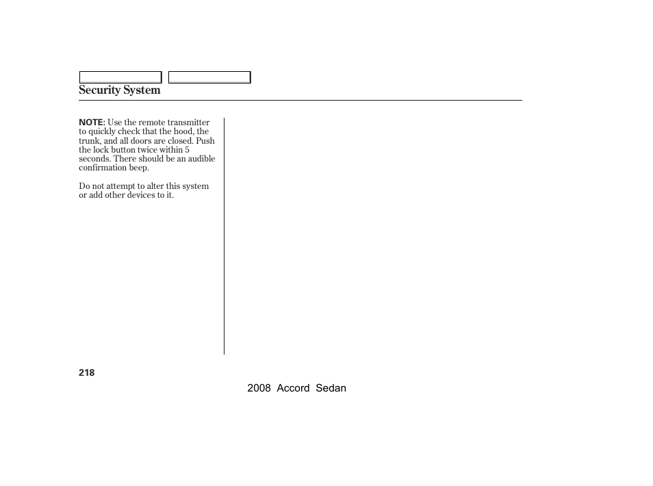 Security system | HONDA 2008 Accord Sedan - Owner's Manual User Manual | Page 221 / 420