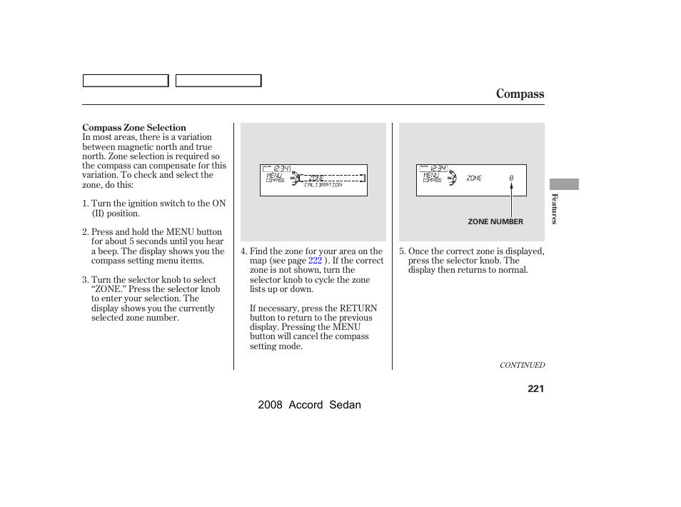 Compass | HONDA 2008 Accord Sedan - Owner's Manual User Manual | Page 224 / 420