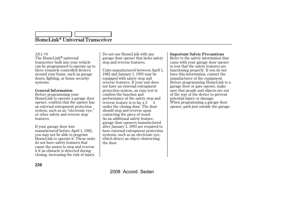 Homelink universal transceiver | HONDA 2008 Accord Sedan - Owner's Manual User Manual | Page 229 / 420