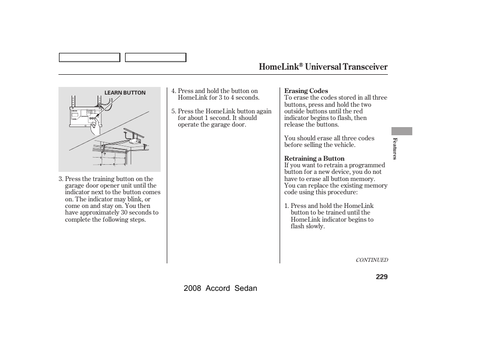 Homelink universal transceiver | HONDA 2008 Accord Sedan - Owner's Manual User Manual | Page 232 / 420